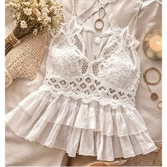 NWT Free People Adella Lace Cami Ivory Boho Peplum Crochet Tank Small Coquette - Picture 3 of 15